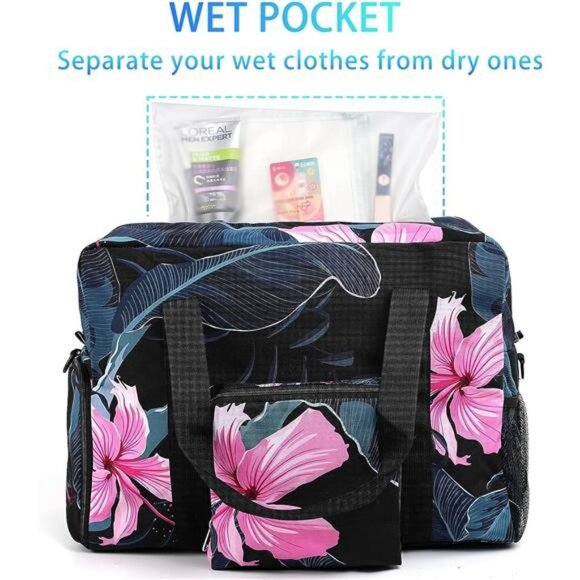 Tropical Floral Print Sports Travel Tote‎ Bag Weekender Duffle Gym Crossbody Bag - Picture 5 of 7